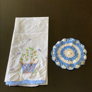 Embroidered White Kitchen Tea Towel with Blue Crochet Coaster!
